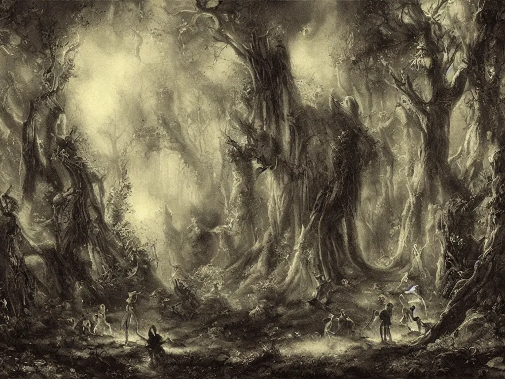 Image similar to forest spirits playing in the night near ruins in the style of Hermann Hendrich, neo-romanticism, european folklore