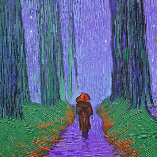 Prompt: woman walking, deep forest, rain, purple, green blue, van gogh