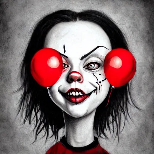 Prompt: surrealism grunge cartoon sketch of billie eilish with a wide smile and a red balloon by - michael karcz, loony toons style, pennywise style, horror theme, detailed, elegant, intricate