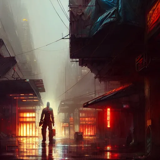 Prompt: an exhausted warrior wandering through a lost cyberpunk city from left to right, rainy day, radiant light, digital painting, art station, by les edwards, by greg rutkowski