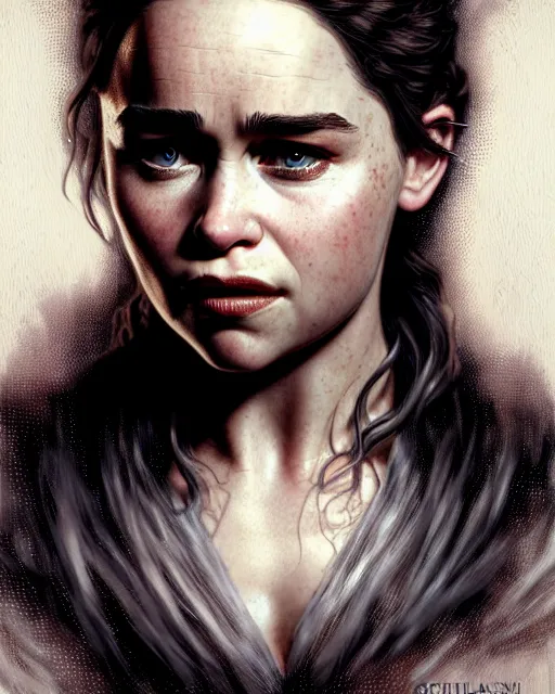 Image similar to emilia clarke, character portrait, portrait, close up, concept art, intricate details, highly detailed by greg rutkowski, michael whelan and gustave dore