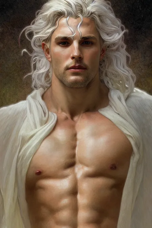 Image similar to painted portrait of god of the universe, divine god, white hair, muscular, invincible, beautiful, upper body, white robe, fantasy, intricate, elegant, highly detailed, digital painting, artstation, concept art, smooth, sharp focus, illustration, art by gaston bussiere and alphonse mucha