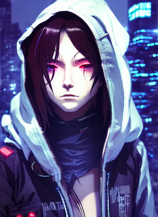 Image similar to cyberpunk anime girl in hoodie, realistic face, beautiful face, grafity, alita, arcane, action, tokyo street, detail, good face, pose model, concept art, in style of yoji shinkawa, pan ren wei, col price, atey ghailan, by greg rutkowski, aesthetic