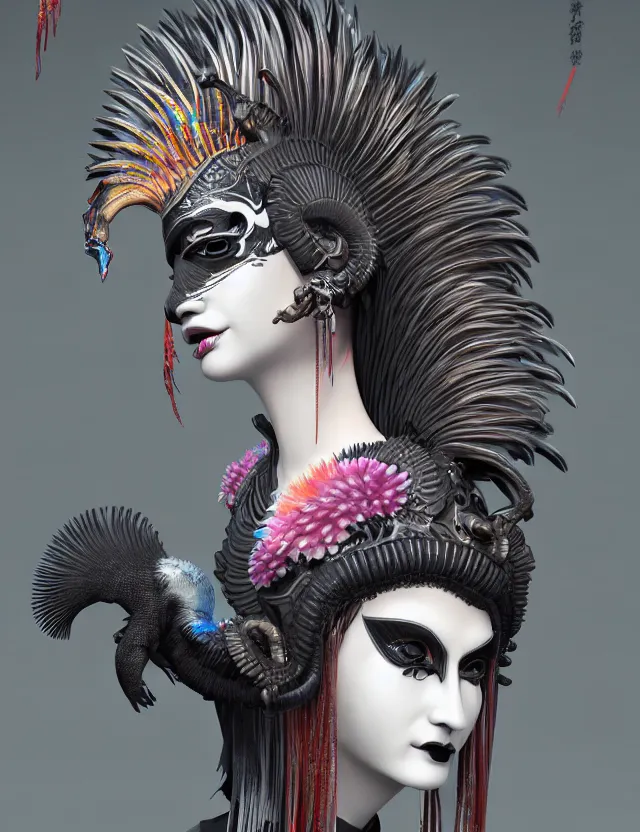 Image similar to 3 d goddess close - up profile simple portrait punk with mohawk with ram skull. beautiful intricately detailed japanese crow kitsune mask and clasical japanese kimono. betta fish, jellyfish phoenix, bio luminescent, plasma, ice, water, wind, creature, artwork by tooth wu and wlop and beeple and greg rutkowski