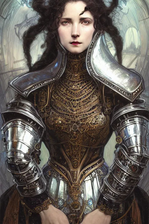 Prompt: beautiful luxury and goddess and victorian and holy female medieval Black armor knight portrait+shiny eyes+front face with light flowing hair, ultradetail face, ruined gothic cathedral, art and illustration by tian zi and craig mullins and WLOP and alphonse mucha, ssci-fi, fantasy, intricate complexity, human structure, hypermaximalist, fantasy character concept, dynamic lighting, neon light, watermark, blurry, hyperrealism 8k