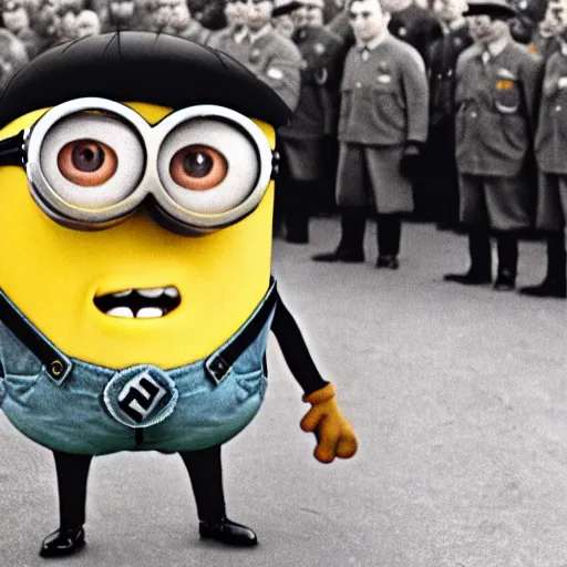 Image similar to despicable me minions standing next to adolf hitler, old photo, 4 k