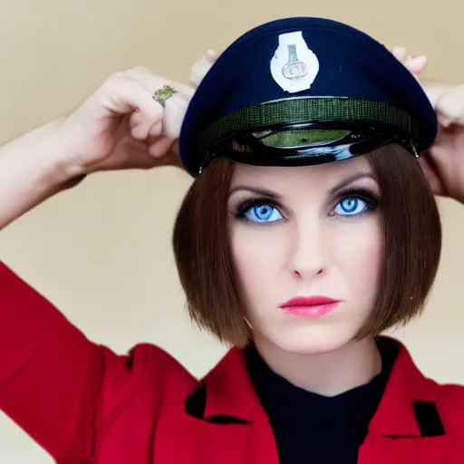 Image similar to brunette woman, bright green eyes, short hair, flipped out hair, military uniform, serious