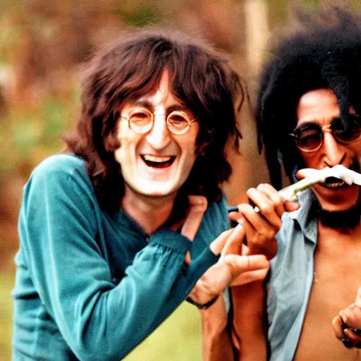 Prompt: laughing john lennon smoking a joint with bob Marley, photograph by Willy Spiller, 1970s