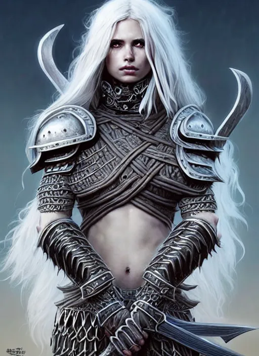 Image similar to barbarian, plated armor!!! long wild white hair!! covered chest!!! fantasy, d & d, intricate ornate details, digital painting, pretty face!!, symmetry, concept art, sharp focus, illustration, art by artgerm! greg rutkowski magali villeneuve wlop! ilya kuvshinov!!, octane render