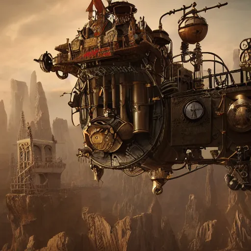 Image similar to flying steampunk fortress, extremely detailed, behrens style, unreal 5 render, fantasy digital art, octane render, beautiful composition, trending on artstation, award - winning photograph, masterpiece