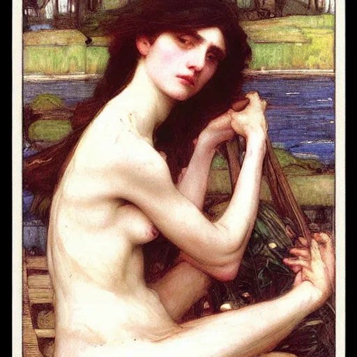 Prompt: washed - out by john william waterhouse. a beautiful print. it has no visible auditory organs, just eyes, human eyes, hundreds of them, in the ends of stalks that radiate from its body like some exotic fruit.