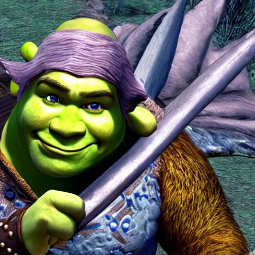 Image similar to Shrek as a FFX JRPG villain octane render 4D Ray Tracing lighting award winning photography