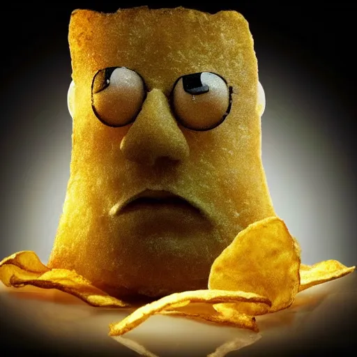 Prompt: photo of [ a single salted fried potato chip ] that looks like stephen fry as a pixar character hybrid intercross mix cinematic lighting