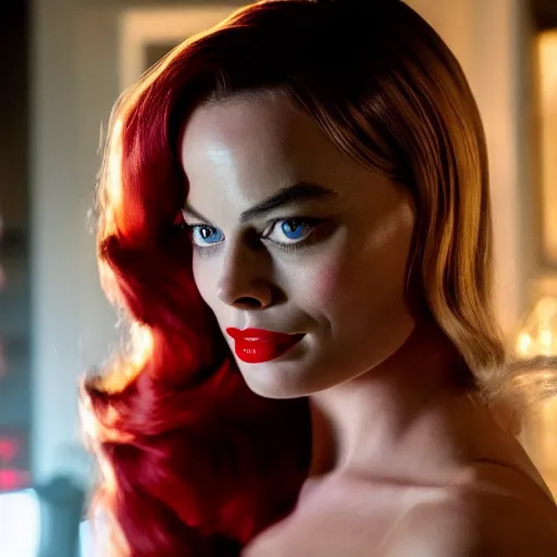 Prompt: Full shot of Margot Robbie as Jessica Rabbit, still from a live action movie, 50mm, f2.8, panavision, cinematography