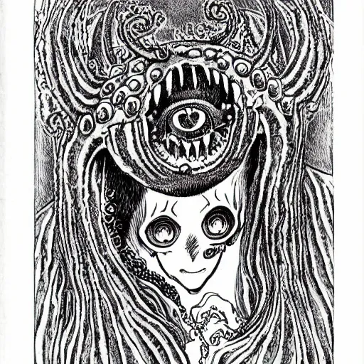 Image similar to a horrifying corgi demon with many eyes and tentacles, detailed manga drawing by junji ito, kentaro miura