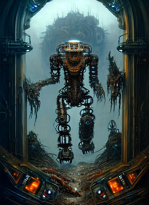 Image similar to A photorealistic 3d render of a robot monster cyborg made of circuits wide view shot by ellen jewett , tomasz alen kopera and Justin Gerard symmetrical features, ominous, magical realism, texture, intricate, ornate, royally decorated, android format, windows, many doors, roofs, complete house , whirling smoke, embers, red adornments, red torn fabric, radiant colors, fantasy, trending on artstation, volumetric lighting, micro details, 3d sculpture, ray tracing, 8k