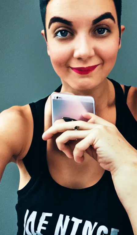 Prompt: a short haired woman with light eyeliner wearing a y 3 tank top, selfie, iphone photo