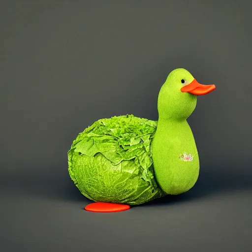Prompt: a duck dressed as cabbage