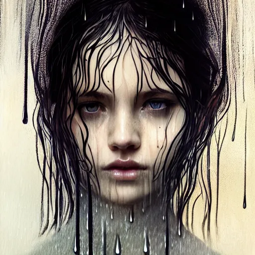 Image similar to portrait of a girl in the rain with wet hair and face, fantasy, intricate, elegant, dramatic lighting, emotionally evoking symbolic metaphor, highly detailed, lifelike, photorealistic, digital painting, artstation, concept art, smooth, sharp focus, illustration, art by John Collier and Albert Aublet and Krenz Cushart and Artem Demura and Alphonse Mucha