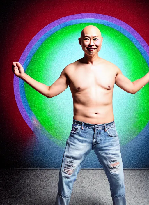 Image similar to japanese man with bald head and beard wearing short denim and leather clothes dancing next to a rainbow, full body portrait, dynamic lighting