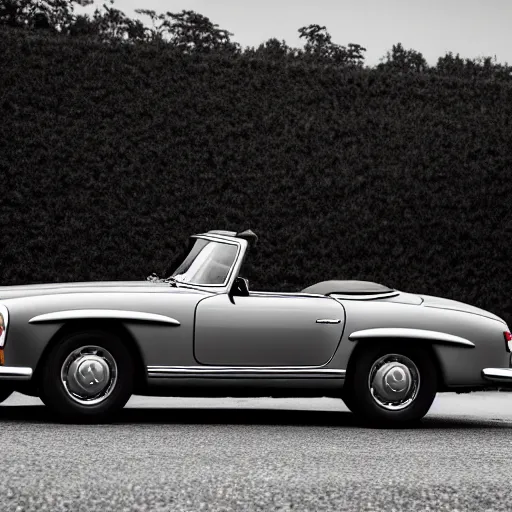 Prompt: Grey Mercedes Benz 190 SL soaring trough the sky, cinematic, fujifilm