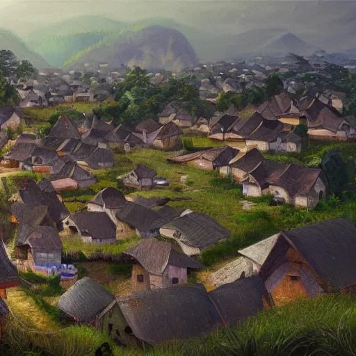 Image similar to the village of omobe, oil painting, pale colors, high detail, 8 k, wide angle, trending on artstation,