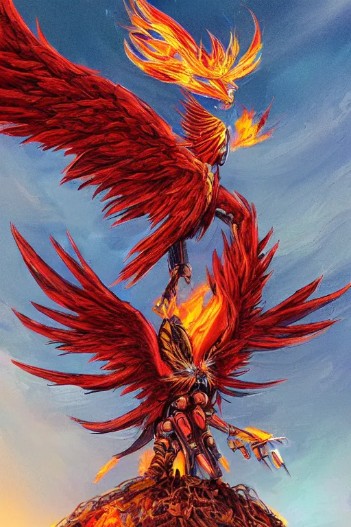 Prompt: Mechanical Cyborg Phoenix Perched on a Burning Spruce Tree, illustration, digital painting, professional art, detailed, celshaded