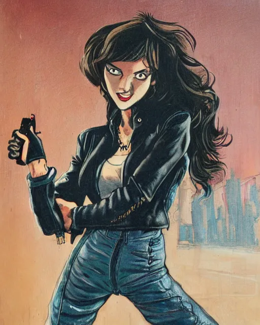 Image similar to young female protagonist in leather jacket, city street, artwork by ralph bakshi