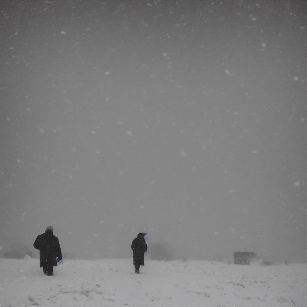 Prompt: photo of shiprock, new mexico during a snowstorm. a old man in a trench coat and a cane appears hazy in the distance, looking back over his shoulder. cold color temperature, snow storm. hazy atmosphere. humidity haze. kodak ektachrome, greenish expired film, award winning, low contrast,