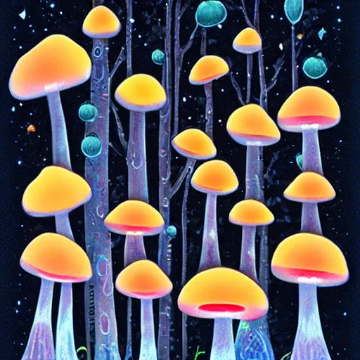 Prompt: 7 glowing mushrooms that are each a different color of the rainbow, illuminating and glowing in a dark blue moonlight forest, fineartamerica