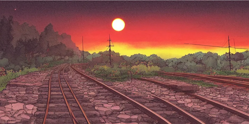 Prompt: a sunset railroad environment in the studio ghibli style, ghibli,