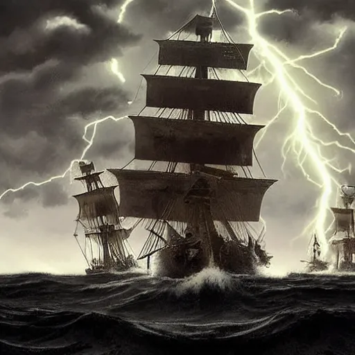 Prompt: lot of pirate ships are fighting a tentacle monster during a stormy night while there are lot of lightnings in the sky, rule of thirds, nestor canavarro hyperrealist, sharp outlines, cinematic style, lot of foam