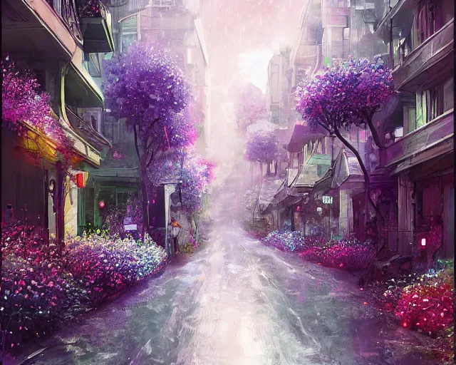 Prompt: a street in a spaceship artstation under rain of flowers