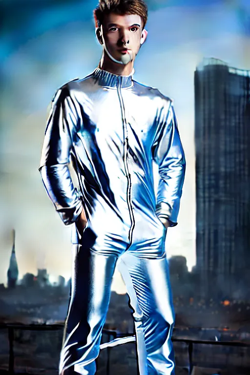 Image similar to un ultra high definition studio quality photographic art portrait of a young man standing on the rooftop of a british apartment building wearing soft baggy inflatable padded silver iridescent pearlescent clothing. three point light. extremely detailed. golden ratio, ray tracing, volumetric light, shallow depth of field. set dressed.