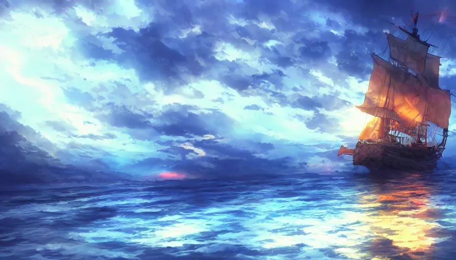 Image similar to pirate ship sailing, boisterous heaven, raging sky, sun lighting through clouds, with blue light piercing through clouds, makoto shinkai, royal blue colors, lighting refraction, volumetric lighting, pixiv art, highly detailed, anime art, symmetrical, wlop, anime art