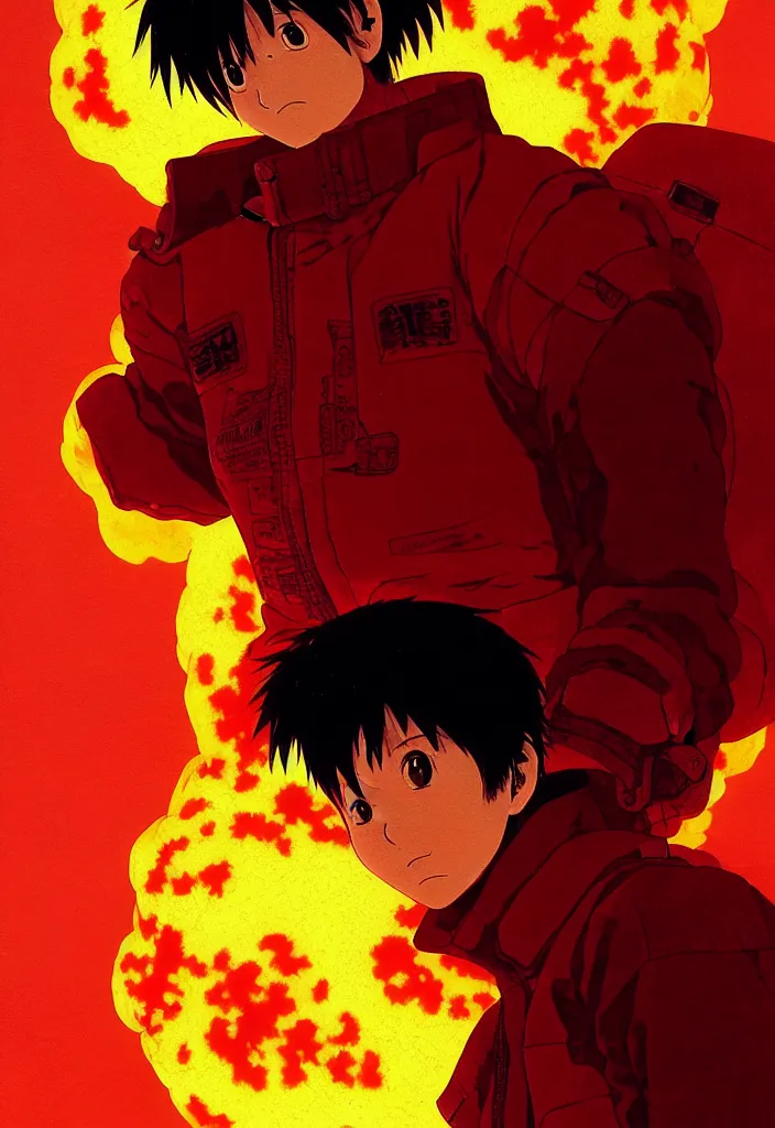 Image similar to detailed anime character portrait of kaneda from akira by katsuhiro otomo, silhouetted by a burning sun in neo - tokyo | anime, matte painting, dystopian megacity neo - tokyo, perfect, fine details, realistic, shaded, lighting, akira, artgerm, jeremy lipkin and michael garmash and rob rey