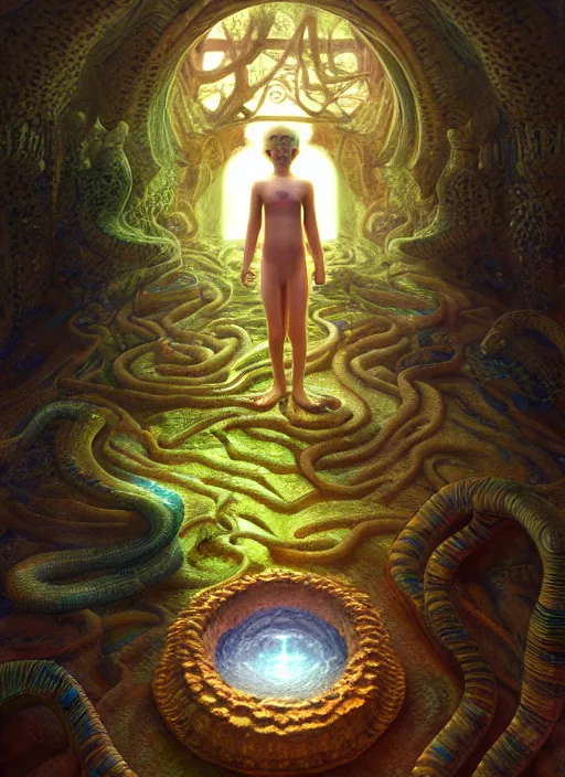 Image similar to hyperreal ultra detailed hypnagogic recollections from the waters of the unconscious. a 3 d psychopomp watching on. an ancient child. prismatic crystal light projections, a doorway threshold, a snake, sharp focus, global illumination, ornate, art by shaun tan, fenghua zhong and daniel merriam and dan mumford octane render