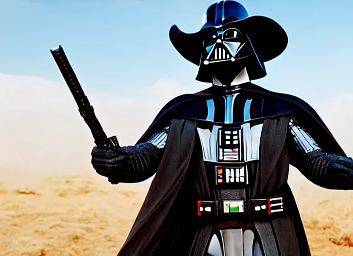 Image similar to film still of Darth Vader as William the man in black in Westworld shooting cowboys, 4k