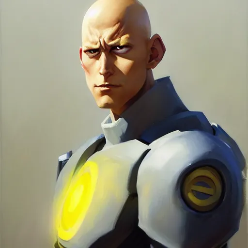 Image similar to Greg Manchess portrait painting of Saitama as Overwatch character, medium shot, asymmetrical, profile picture, Organic Painting, sunny day, Matte Painting, bold shapes, hard edges, street art, trending on artstation, by Huang Guangjian and Gil Elvgren and Sachin Teng