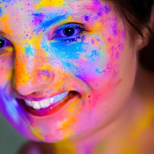 Image similar to a photo of a female smiling, painted her body with ultraviolet paint, 5 0 mm lens, f 1. 4, sharp focus, ethereal, emotionally evoking, head in focus, volumetric lighting, 8 k