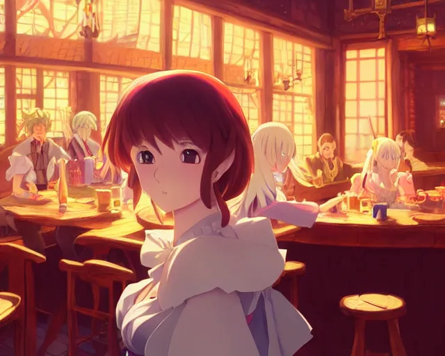 Image similar to anime visual, portrait of a young female traveler in a busy fantasy medieval tavern interior, cute face by yoh yoshinari, katsura masakazu, studio lighting, dynamic pose, dynamic perspective, strong silhouette, anime cels, ilya kuvshinov, cel shaded, crisp and sharp, rounded eyes