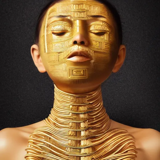 Prompt: An anime female goddess stands for a waist up portrait with her body sightly wrapped in thin gold wire creatively arranged so as to look like Emoji tattoos, in an empty Japanese Shoji home, hyper photo realistic 8K HD HDRI, photo by Annie Leibovitz.