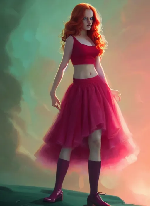 Image similar to full body portrait of teenage cheryl blossom, bangs, green eyes, sultry expression, red hair, sultry smirk, bangs and wavy hair, pink skirt, intricate, elegant, glowing lights, highly detailed, digital painting, artstation, concept art, smooth, sharp focus, illustration, art by wlop, mars ravelo and greg rutkowski