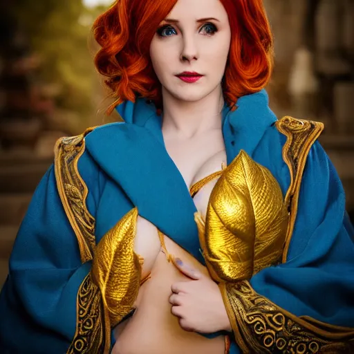 Prompt: Triss Merigold cosplay, beautiful ornate blue and gold robe, golden ornamental leaf shaped festoon, warmly lit posh study, cinematic dramatic lighting, gorgeous female model