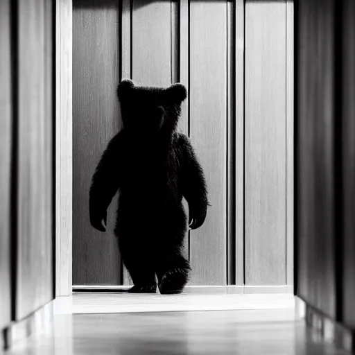 Prompt: dark photograph of a small bear mascot walking through a large wooden doorway