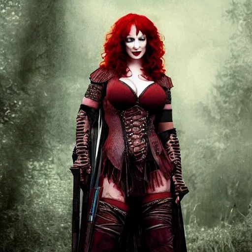 Prompt: full body photo of christina hendricks as a vampire amazon warrior