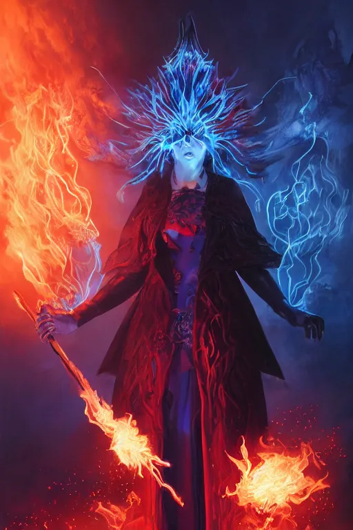 Prompt: a fancy portrait of a beautiful dark magician women wearing a large witches hat covered in deep blue flames flames by Greg Rutkowski, Sung Choi, Mitchell Mohrhauser, Maciej Kuciara, Johnson Ting, Maxim Verehin, Peter Konig, final fantasy , mythical, 8k photorealistic, cinematic lighting, HD, high details, atmospheric,