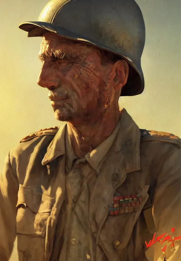 Prompt: a portrait of a rough male farmer in world war 2, 1 9 4 0 setting, vivid colors, soft lighting, atmospheric, cinematic, moody, in the style of ilya kuvshinov and range murata, krenz cushart, rule of thirds, oil on canvas, 8 k