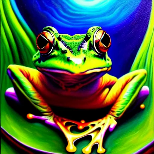 Image similar to vr painting of abstract surrealist frog by yvonne mcgillivray by mandy jurgens by michael divine, powerful eyes glowing highly detailed painting, spiritual abstract forms, symmetrical, trending on art station, abstract emotional, very beautiful, fantasy digital art, highly detailed patterned visionary art, magic symbols, by michael divine, cosmic nebula, black gold color scheme