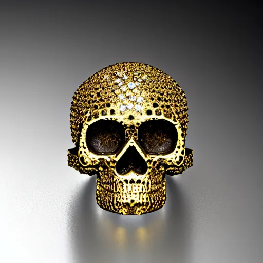 Prompt: a golden skull ring with diamonds around it, national treasure, made in 6 0 0 bc, old, photorealistic, white background, museum collection, 8 5 mm, kodak gold, protected, clean image, hd, uhd, 8 k, highly rendered